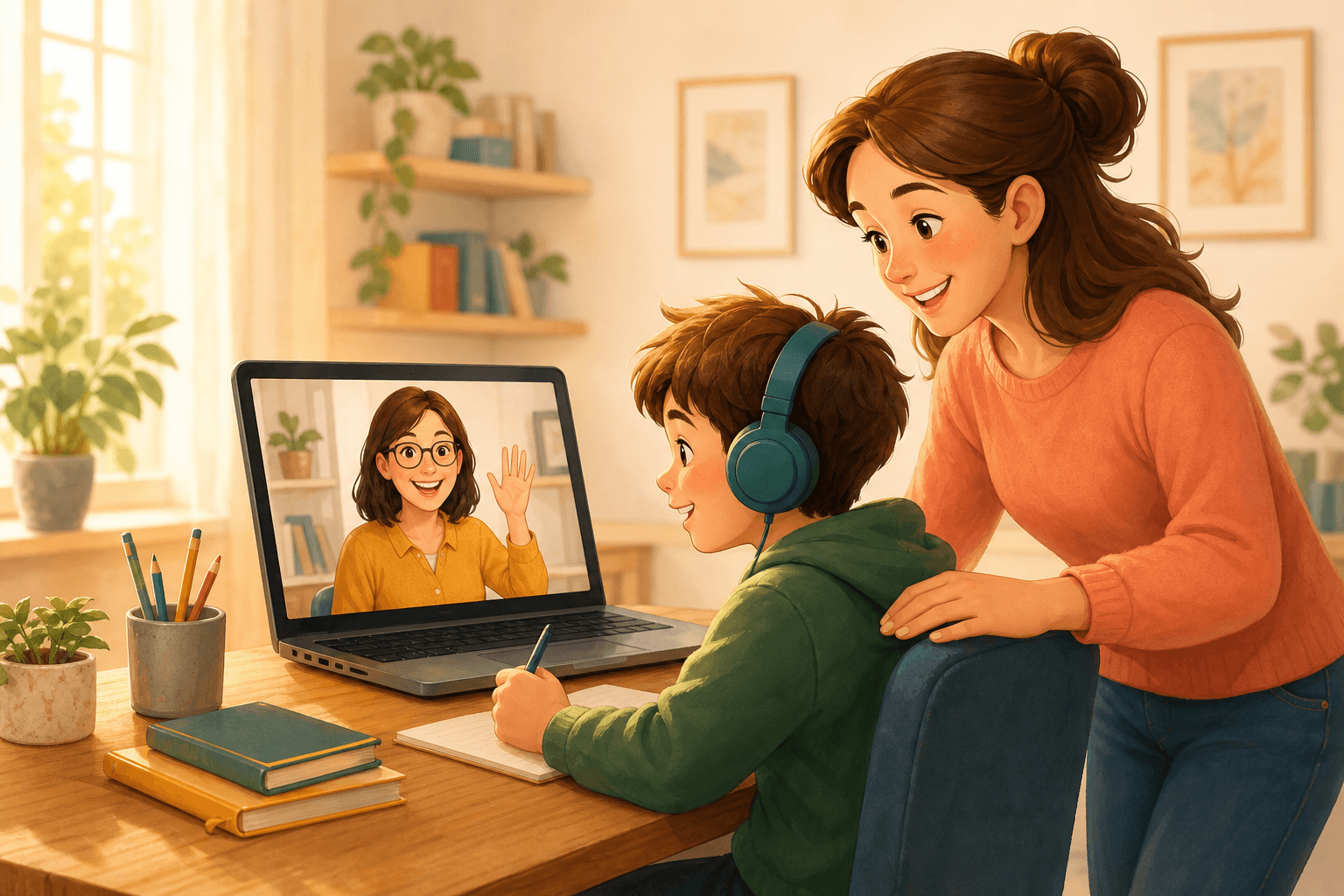 Ein Kind lernt mit Kopfhörern am Laptop, begleitet von seiner Mutter und einer Lehrerin im Video.